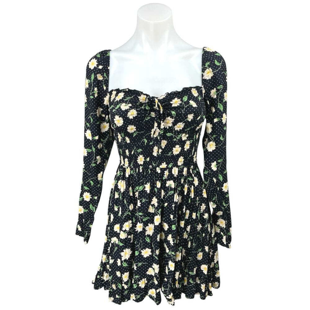 Asos Collusion Black Floral Dotted Long Sleeve Sweetheart Smocked Mini Dress 0